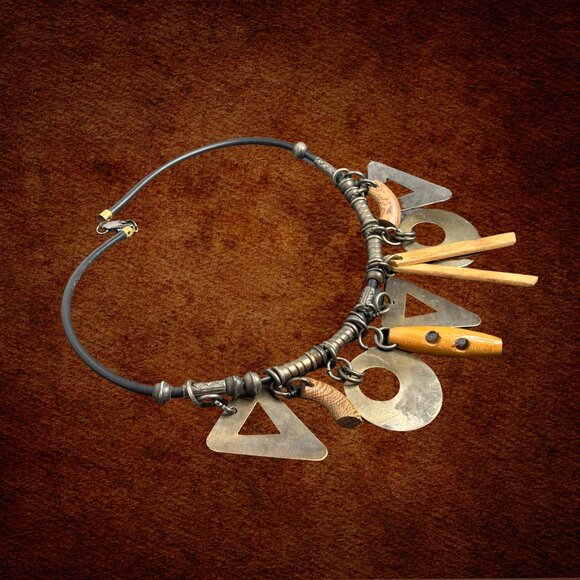 Vintage Brass & Wood Statement Necklace with Geometric Patterns - Picture 2 of 5